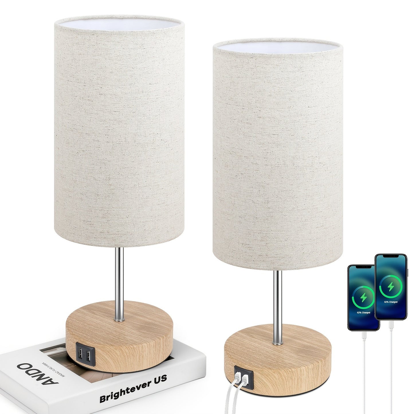 2/1 Pack Bedside Table Lamps for Bedroom with Two USB Ports, Small Lamps for Reading, Bedroom, Living Room, Perfect Gifts, Night Light, E26 Base(Bulbs Not Included)