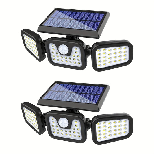 2pcs Solar Outdoor Light Three-Head Motion Sensor Wall Light, 74 LED Lights 270° Wide Angle Lighting 100m Lighting Range with 3 Modes, Suitable for Garden, Courtyard, Street, Garage, Terrace, Porch Lighting