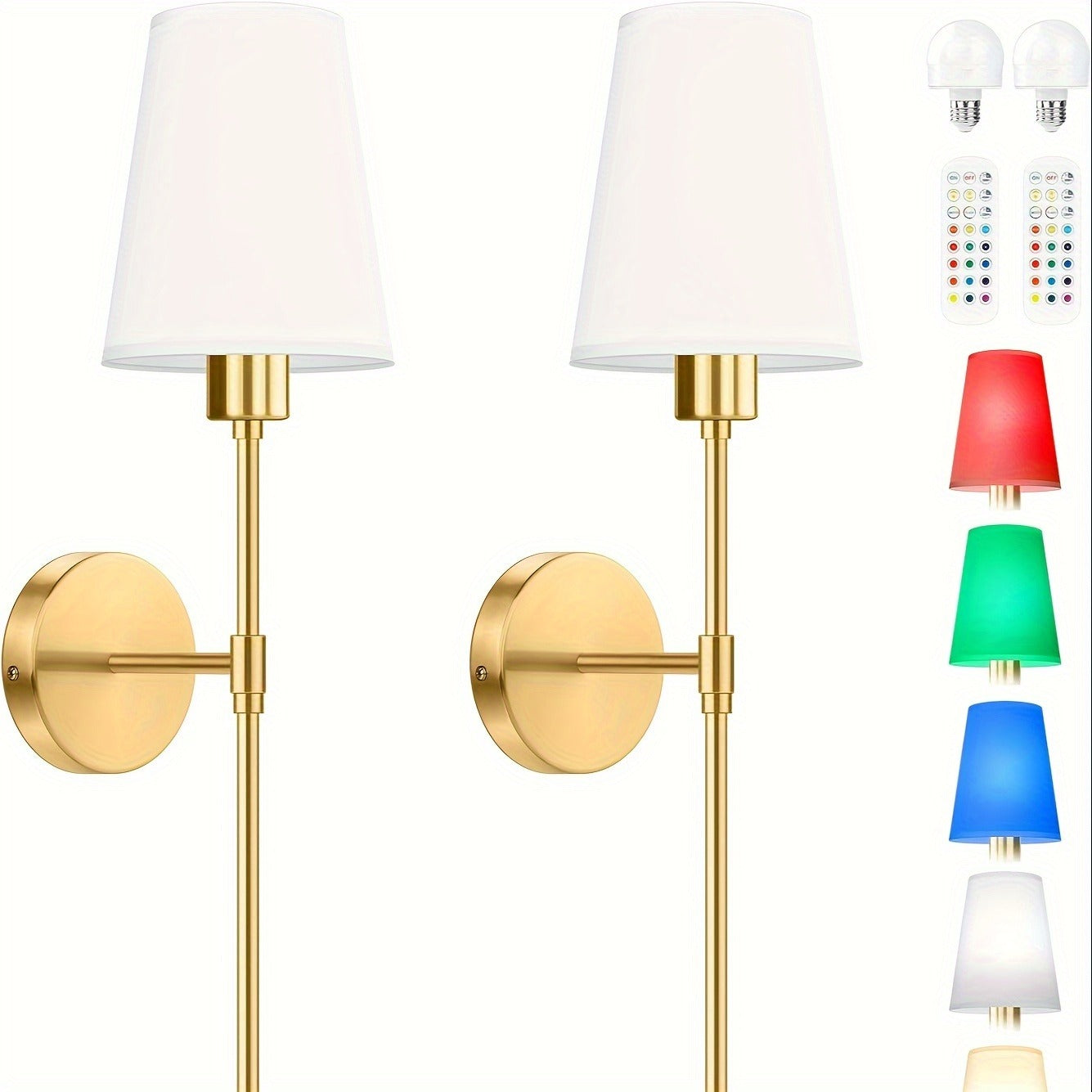 Battery Operated Wall Sconce Set of 2, Rechargeable Wall Lights with Remote, not Hardwired Fixture, Wall Lamp with White Fabric Shade, RGB Dimmable Sconces Wall Lighting for Bedroom