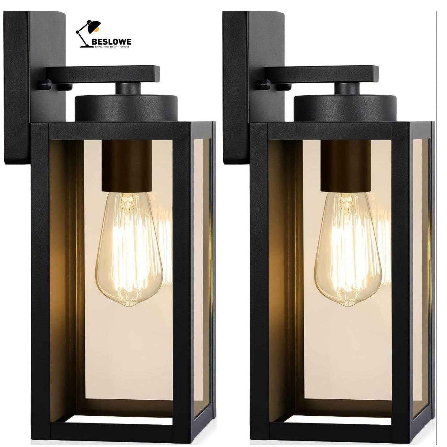 2-Pack Outdoor Lights, Exterior Lanterns, Porch Sconces Wall Mounted Lighting with E26 Sockets & Glass Shades, Modern Matte Black Wall Lamps for Patio Front Door Entryway