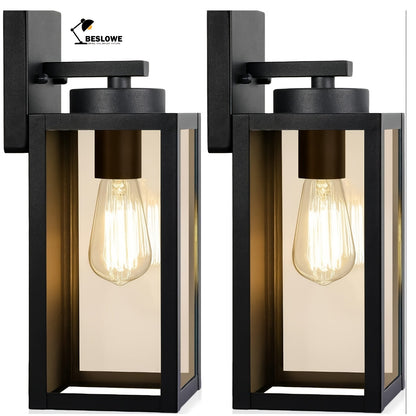 2-Pack Outdoor Lights, Exterior Lanterns, Porch Sconces Wall Mounted Lighting with E26 Sockets & Glass Shades, Modern Matte Black Wall Lamps for Patio Front Door Entryway