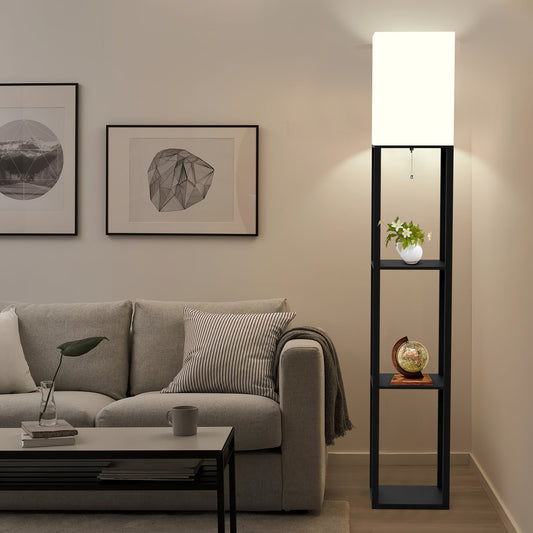 62.9" Column Floor Lamp With Shelves, Real Solid Wood And Bulb Included, Suitable For Halloween, Christmas And Other Holidays