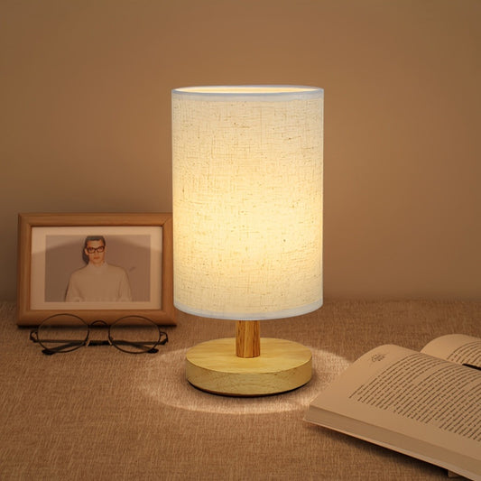 Small Bedside Night Table Lamp for Bedroom, Minimalist Nightstand Lamp with Round Fabric Linen Shade, USB Powered Table Lamp, Study Reading Desk Lamp for Kids Room, Living Room, College Dorm, Home, Office