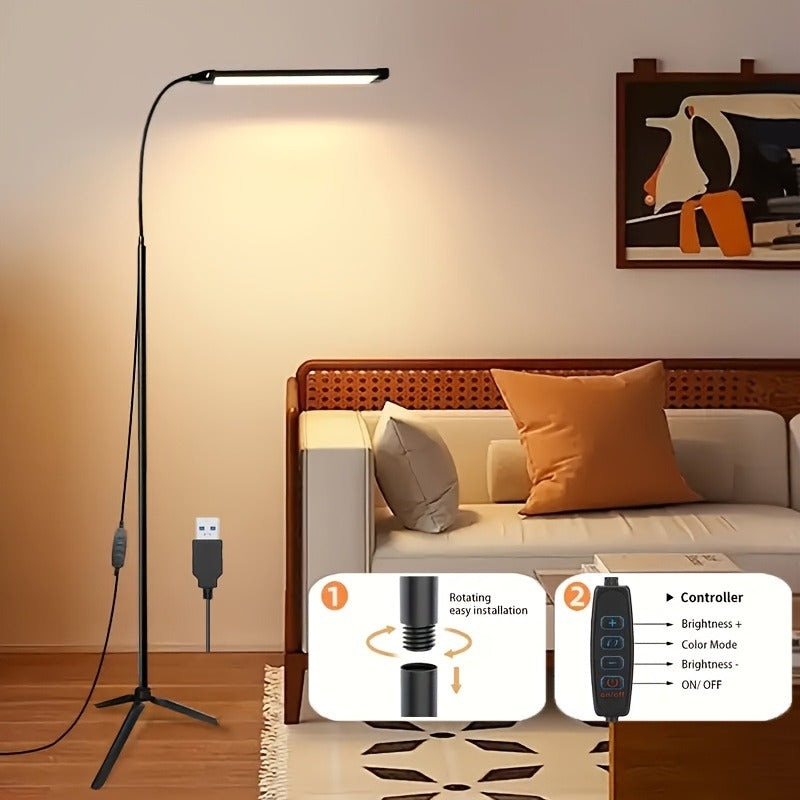 LED living room floor lamp, 3 colors and brightness can be adjusted arbitrarily, with remote control switch and button, tripod support standing lamp, living room dining room bedroom atmosphere light, adjustable reading floor lamp
