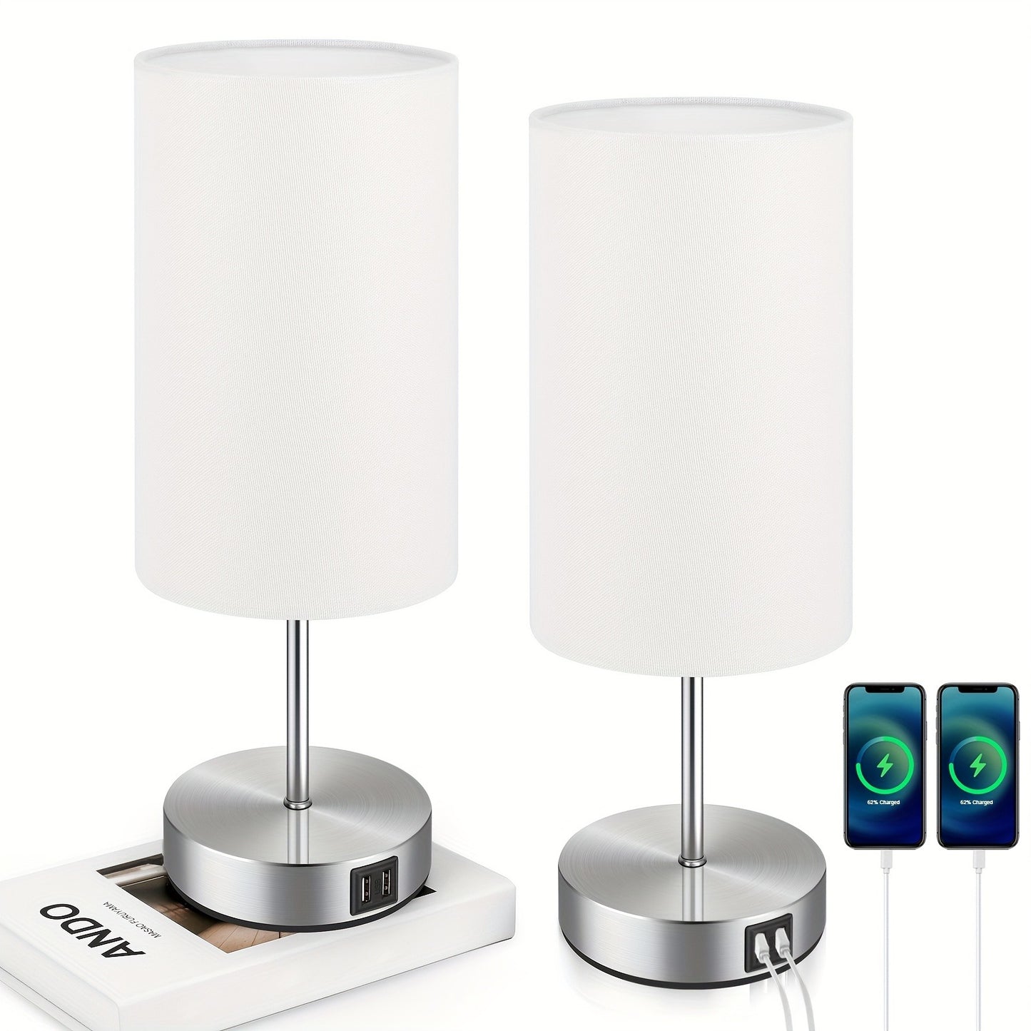 2/1 Pack Bedside Table Lamps for Bedroom with Two USB Ports, Small Lamps for Reading, Bedroom, Living Room, Perfect Gifts, Night Light, E26 Base(Bulbs Not Included)
