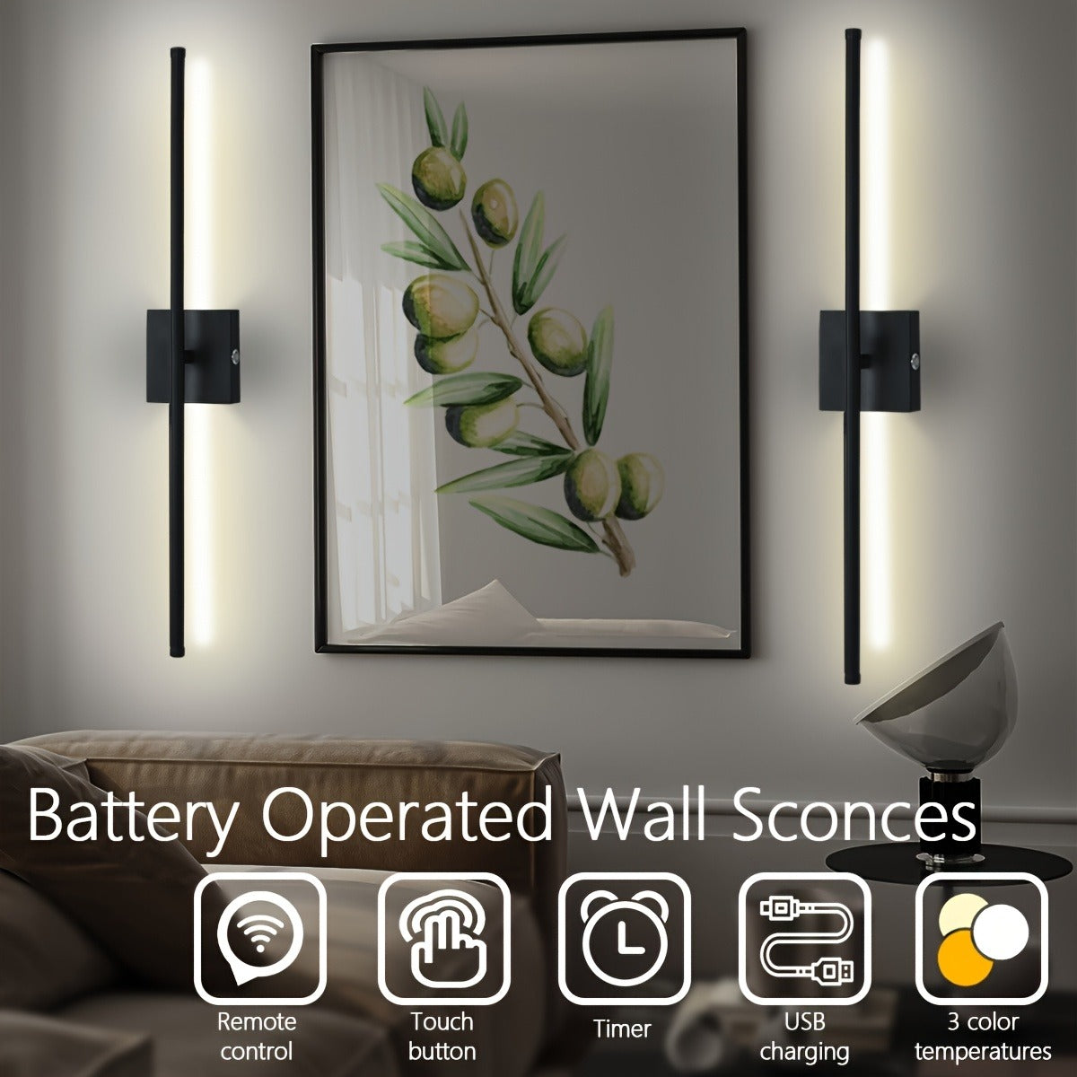 2 Battery Operated Wall Sconces, Dimmable Wall Sconces with Remote Control, Set Of Two 3000K-6000K LED Black Wireless Wall Sconces for Living Room, Hallway, Bedroom, 28-Inch