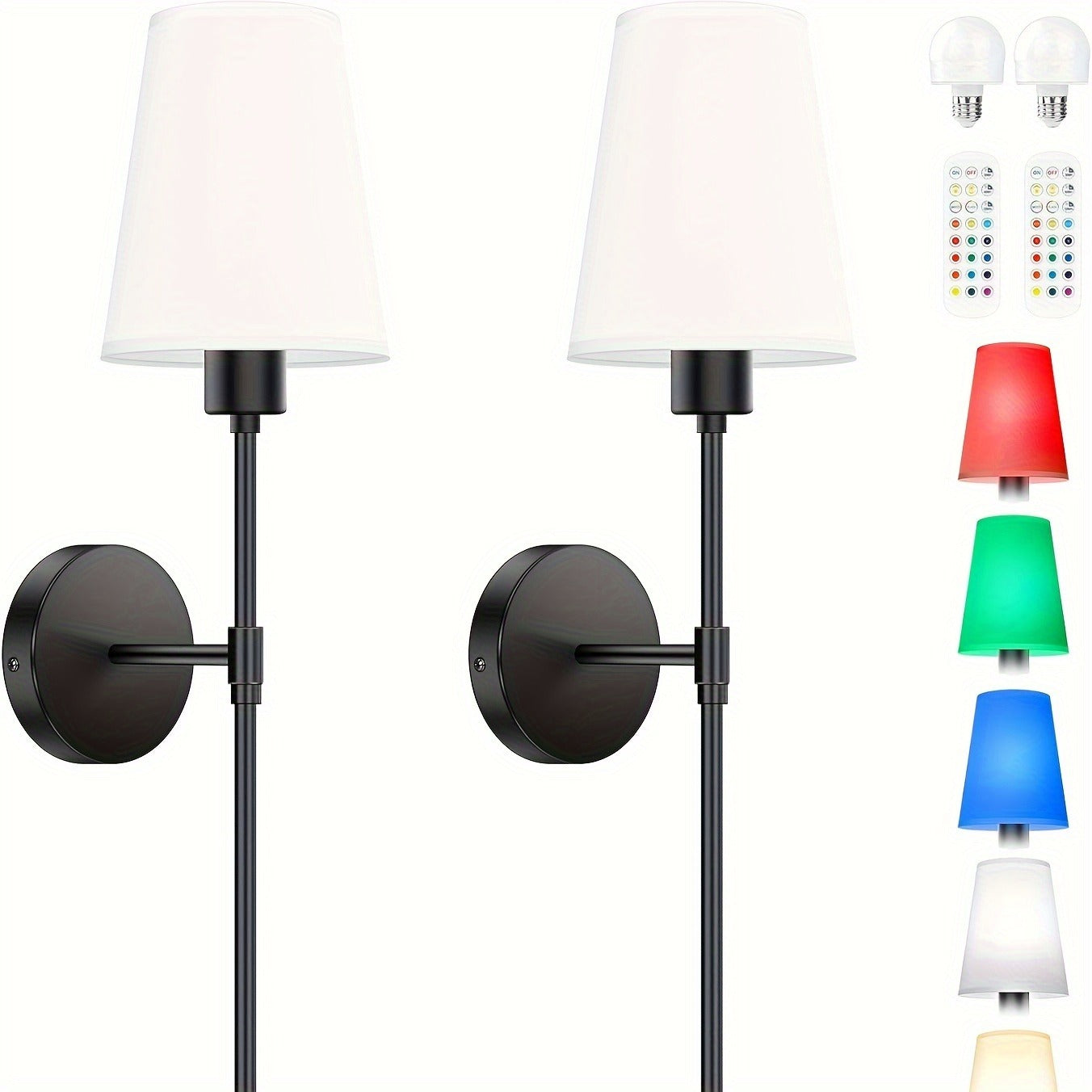 Battery Operated Wall Sconce Set of 2, Rechargeable Wall Lights with Remote, not Hardwired Fixture, Wall Lamp with White Fabric Shade, RGB Dimmable Sconces Wall Lighting for Bedroom