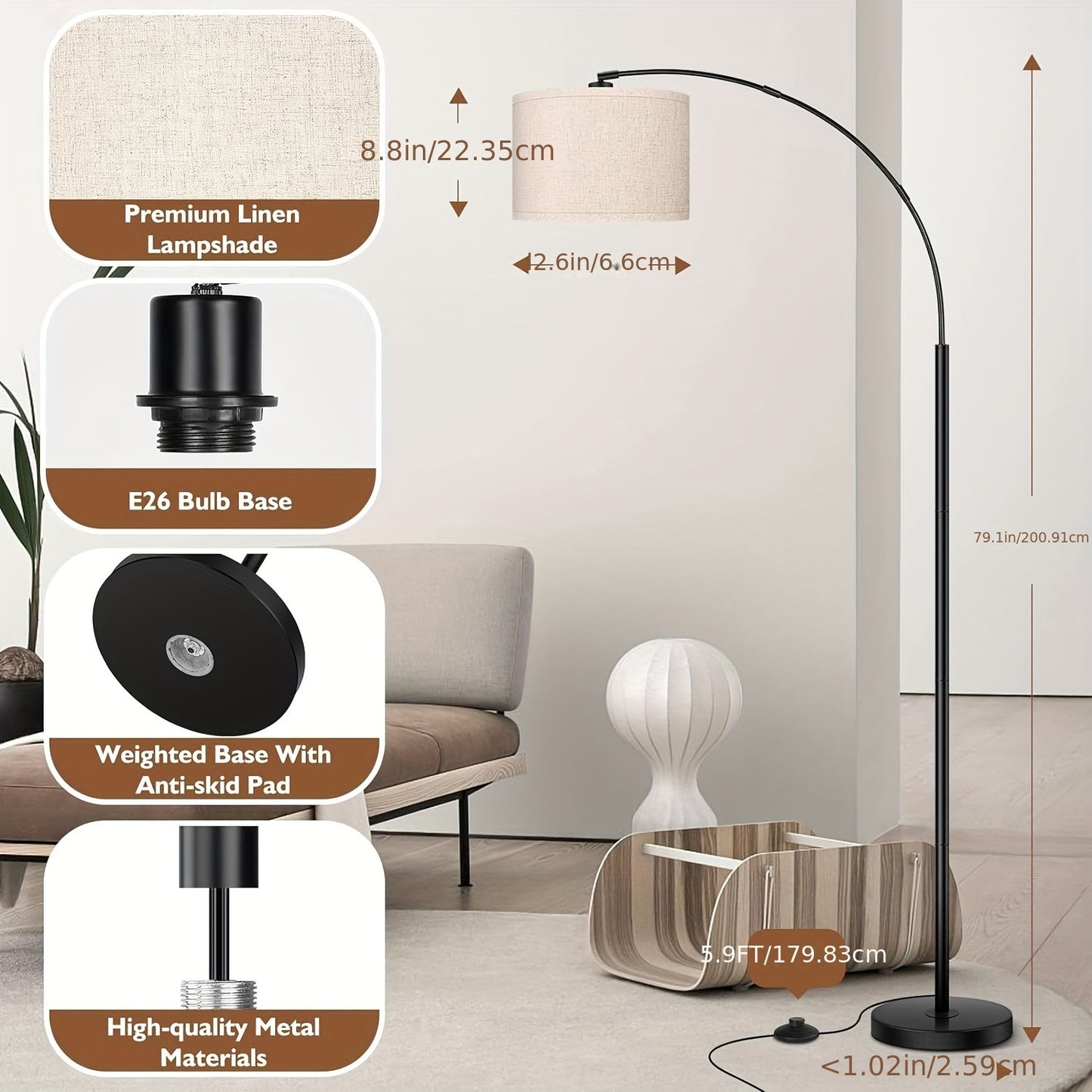 Modern Arc Floor Lamp - Extra-Long 79" Tall Standing Light with Heavy-Duty Weighted Base, Adjustable Drum Shade, Matte Black Finish - for Living Room, Bedroom, Home Office - E26 Socket (Bulb Not Included) - Ideal for Reading Nooks & Corner Lighting