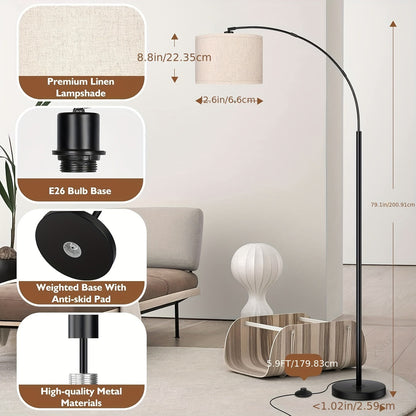 Modern Arc Floor Lamp - Extra-Long 79" Tall Standing Light with Heavy-Duty Weighted Base, Adjustable Drum Shade, Matte Black Finish - for Living Room, Bedroom, Home Office - E26 Socket (Bulb Not Included) - Ideal for Reading Nooks & Corner Lighting