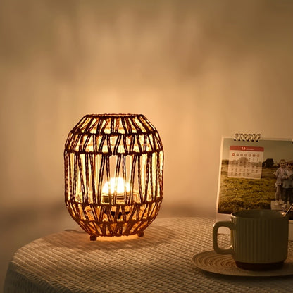 Handwoven USB Table Lamp, Modern Adjustable Warm/White Light, Push Button Control, Vintage Farmhouse Style Desk Light for Bedroom, Living Room, Hotel, Study - Reading Ambiance, No Battery Required