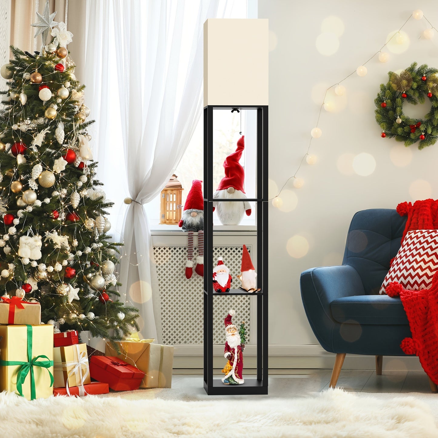 62.9" Column Floor Lamp With Shelves, Real Solid Wood And Bulb Included, Suitable For Halloween, Christmas And Other Holidays