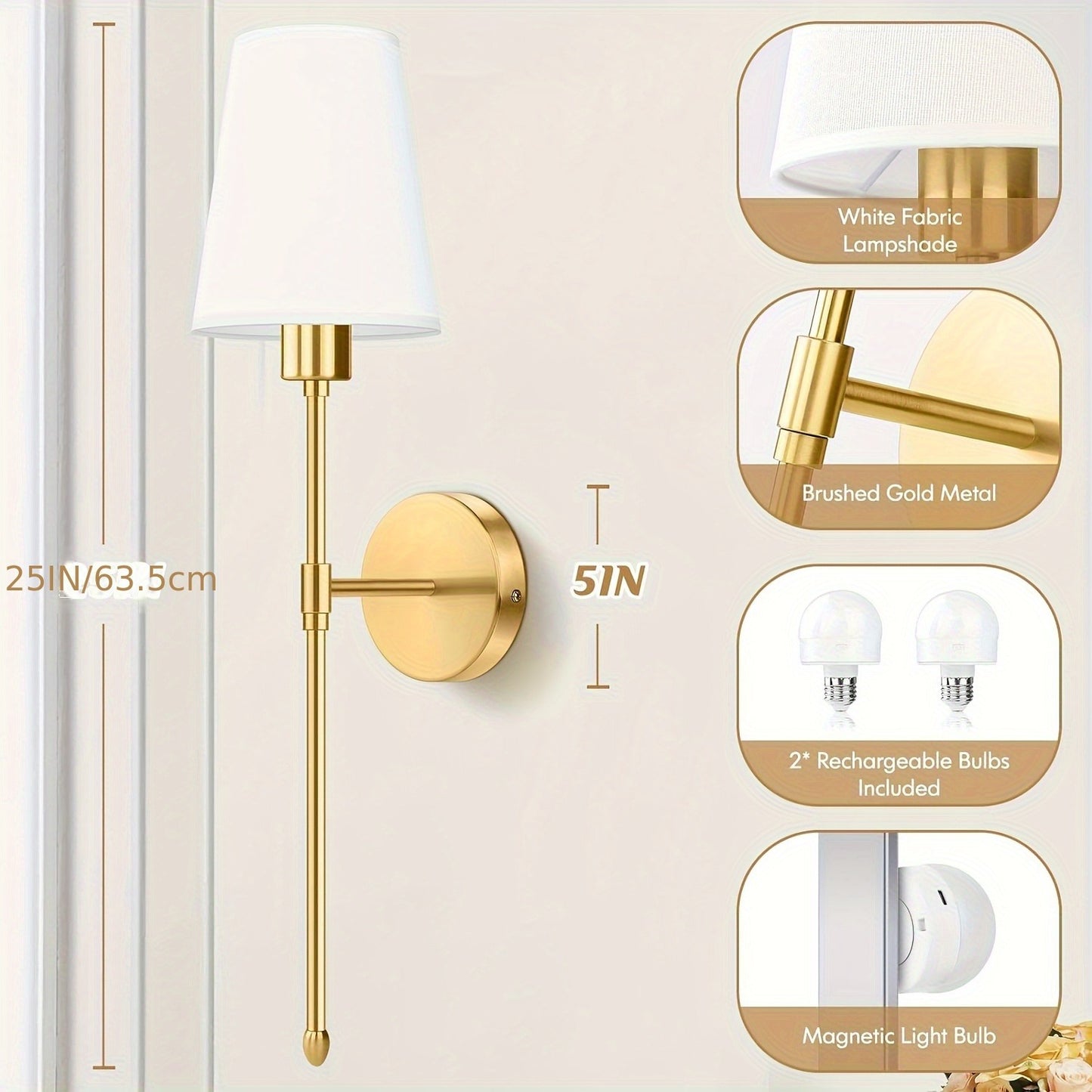 Battery Operated Wall Sconce Set of 2, Rechargeable Wall Lights with Remote, not Hardwired Fixture, Wall Lamp with White Fabric Shade, RGB Dimmable Sconces Wall Lighting for Bedroom