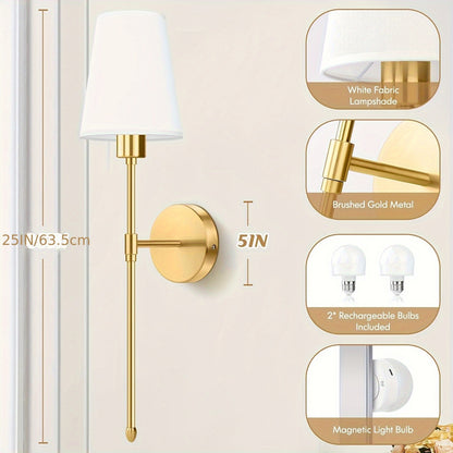 Battery Operated Wall Sconce Set of 2, Rechargeable Wall Lights with Remote, not Hardwired Fixture, Wall Lamp with White Fabric Shade, RGB Dimmable Sconces Wall Lighting for Bedroom