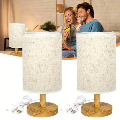 Small Bedside Night Table Lamp for Bedroom, Minimalist Nightstand Lamp with Round Fabric Linen Shade, USB Powered Table Lamp, Study Reading Desk Lamp for Kids Room, Living Room, College Dorm, Home, Office