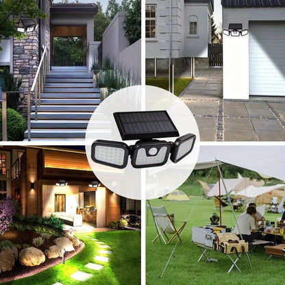 2pcs Solar Outdoor Light Three-Head Motion Sensor Wall Light, 74 LED Lights 270° Wide Angle Lighting 100m Lighting Range with 3 Modes, Suitable for Garden, Courtyard, Street, Garage, Terrace, Porch Lighting