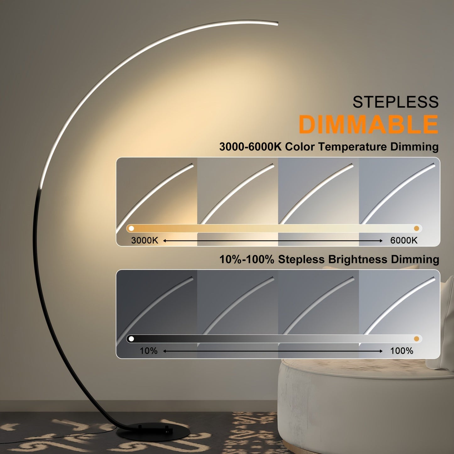 Modern 65 Inch Arched Standing Reading Floor Lamp with Remote - Dimmable Black LED Color Changing Curved Ambient Lighting for Bedroom And Living Room