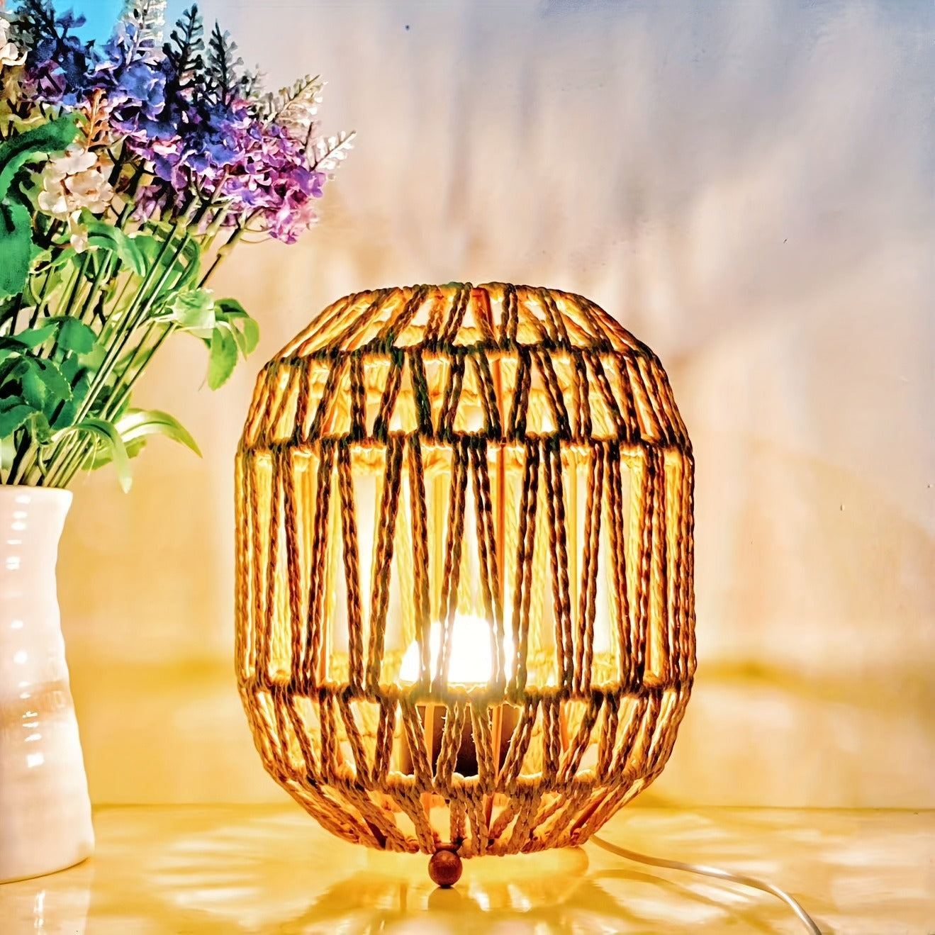 Handwoven USB Table Lamp, Modern Adjustable Warm/White Light, Push Button Control, Vintage Farmhouse Style Desk Light for Bedroom, Living Room, Hotel, Study - Reading Ambiance, No Battery Required