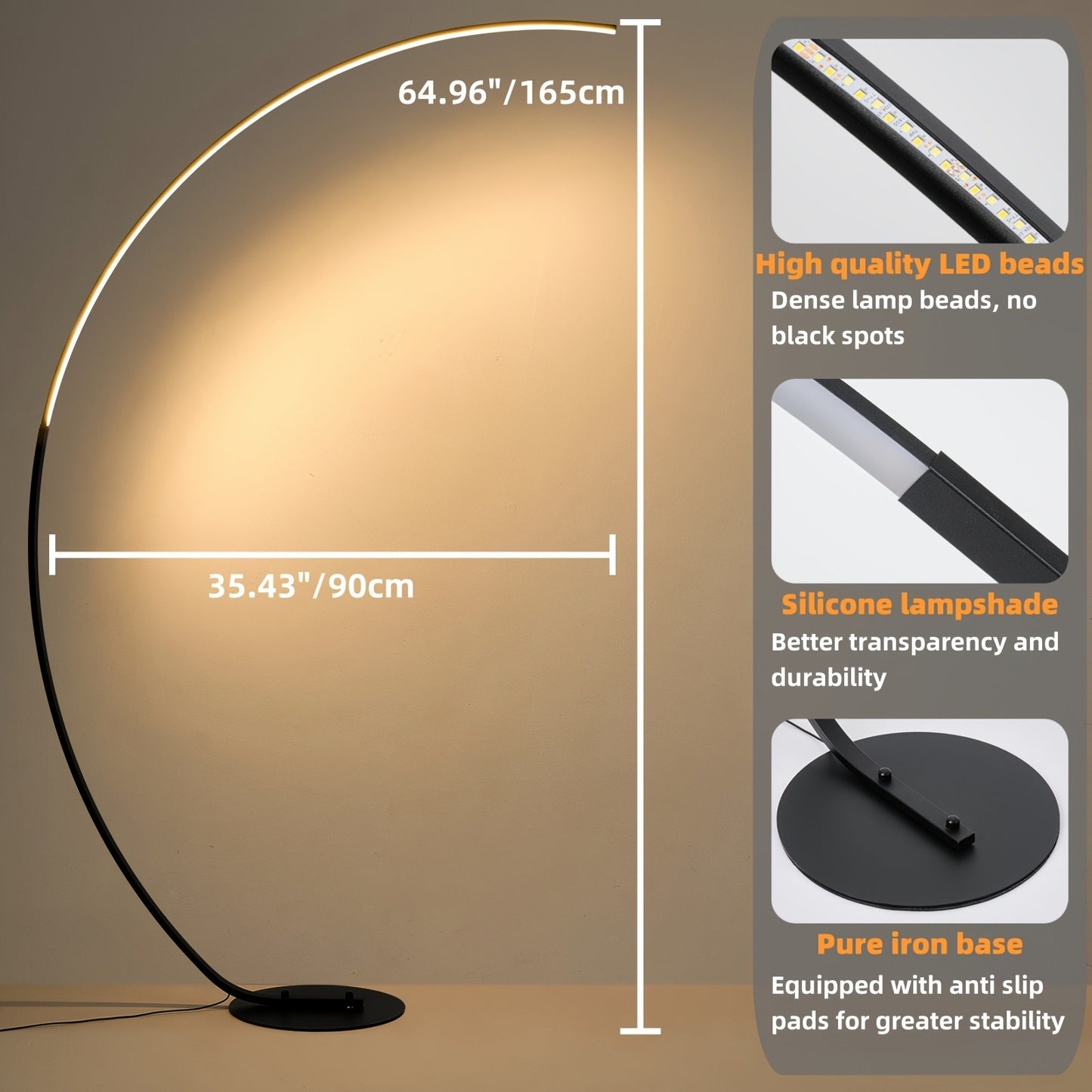 Modern 65 Inch Arched Standing Reading Floor Lamp with Remote - Dimmable Black LED Color Changing Curved Ambient Lighting for Bedroom And Living Room